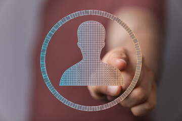 Fototapete - Hand points at a glowing person icon,digital identity, profile, user interface concept.