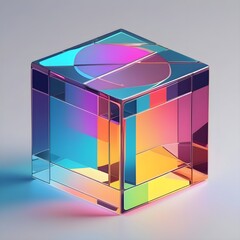 Poster - Multicolored 3D cube. Glass iridescent geometric shape.