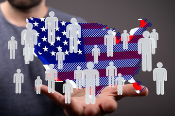Aufkleber - Stock photo showing US map with people icons, representing population data and demographics.
