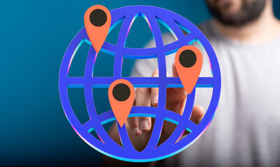 Poster - Person interacting with a 3D globe showing multiple location points, representing global reach or connectivity.