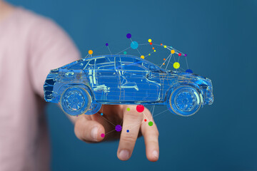 Poster - Innovative automotive technology.  Digital car model visualization. Futuristic vehicle design.