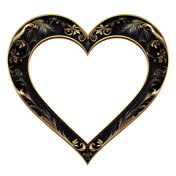 Heart-shaped Frame, Vintage heart-shaped gold frame for romantic decoration, isolated on transparent background