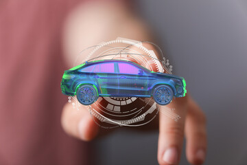 Poster - Person interacting with a digital car hologram.  Concept of automotive technology, innovation, and future.