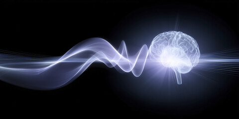Aufkleber - Abstract illustration of a glowing brain emitting waves of light, representing thoughts and ideas, set against a dark background, symbolizing creativity and intelligence