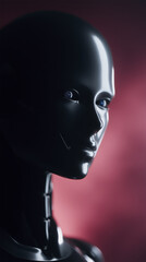 Poster - Futuristic humanoid robot with sleek black surface and expressive features, set against a vibrant red background, showcasing advanced technology and design aesthetics