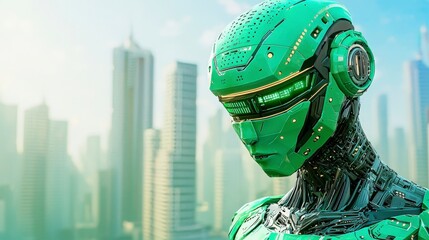 Poster - Cybernetic Sentinel in the Skyline: A futuristic cyborg stands in contemplation, a mesmerizing fusion of advanced technology against a backdrop of towering skyscrapers and an expansive sky. 