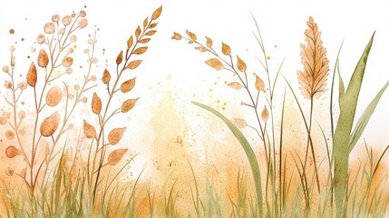 Poster - Watercolor Meadow Serenity: A delicate watercolor illustration captures the gentle sway of wildflowers and grasses in a sun-kissed meadow.