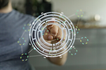 Aufkleber - Person uses a holographic interface to analyze data.  Digital dashboard concept.