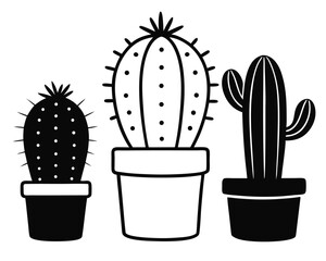 Fototapete - Three black and white cactus plants in pots illustrating desert succulents vector graphics.