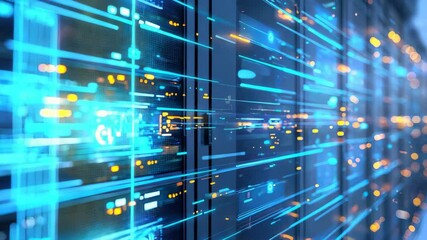 Poster - Rows of glowing server racks with abstract digital data streams and blue-orange light effects create a futuristic technology scene.