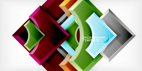 Poster - Abstract geometric design. Overlapping squares create dynamic visual effect. Colors range from green, red, blue, gray. Modern composition.
