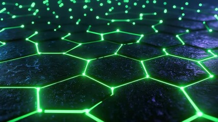 Fototapete - A glowing hexagonal grid with green neon lines and dots, creating a futuristic digital network effect.