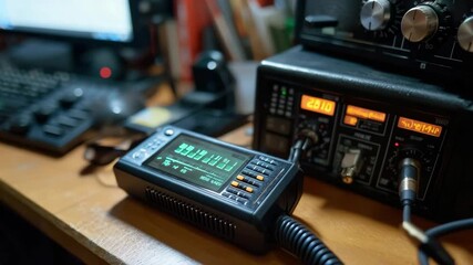 A close-up view of a ham radio transceiver setup with illuminated digital displays on a wooden desk.