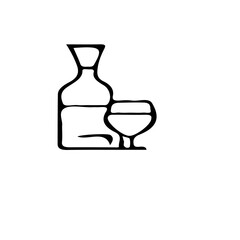 Poster - A simple line drawing of a bottle and a glass with liquid sitting on a flat surface in black and white