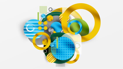 Poster - Abstract composition. Overlapping circles, squares, lines create dynamic visual effect. Bright colors dominate design. Modern, geometric style.