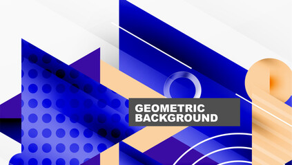Poster - Abstract geometric design. Blue, beige tones create modern backdrop. Shapes overlap, forming dynamic composition. Text reads geometric background.