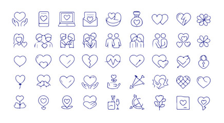 Poster - A collection of various hand drawn valentine's day themed icons showing love and relationships in blue ink