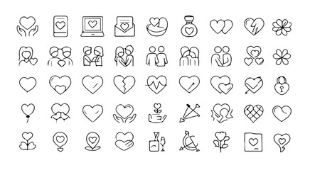 Poster - A collection of various hand drawn heart and love related icons arranged in a grid pattern on white
