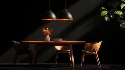 Poster - highlighting sunlight streaming through window, table, wooden dining Soft minimalist chairs, dried floral arrangement in neutral tones
