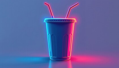 Poster - A vibrant cup with two straws illuminated by neon lights