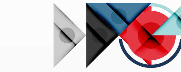 Poster - Abstract geometric composition. Shapes overlap, creating dynamic visual effect. Red, blue, gray tones dominate design. Minimalist style.