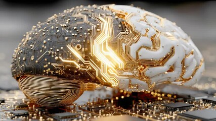 Poster - Cybernetic human brain integrated with complex circuits and glowing wires on a motherboard