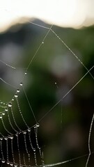 Spiderweb glistening with dewdrops in a blurred natural setting, creating an intricate network of water droplets on silk threads.