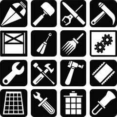 Poster - A collection of sixteen black and white tool icons in square frames