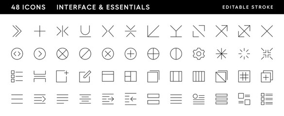 Leinwandbilder - Interface and essential icon collection. User interface icons, layout, sidebar, checklist, setting, wireframe, blank, workspace, send and more. Editable stroke. Pixel Perfect. Grid base 32 x 32.