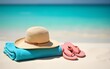 © lin - Beach accessories straw hat, flip flops, towel on sunny tropical beach, summer holidays vacation, Caribbean beach with turquoise water background. High quality