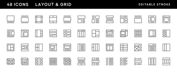 Poster - Layout icon collection. Grid icon set. Interface icons, sidebar, layout, grid system, toolbar, wireframe, alignment guide, configuration and more. Editable stroke. Pixel Perfect. Grid base 32 x 32.