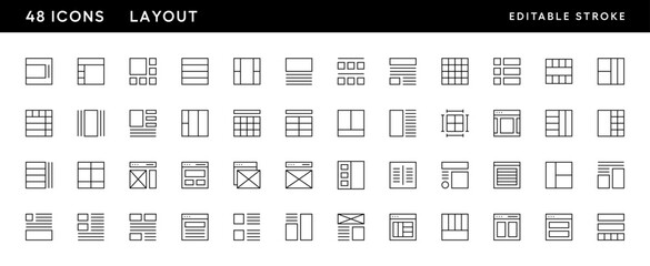 Poster - Layout and grid icon collection. User interface icons, sidebar, layout, grid system, toolbar, frame, alignment guide and more. Editable stroke. Pixel Perfect. Grid base 32 x 32.
