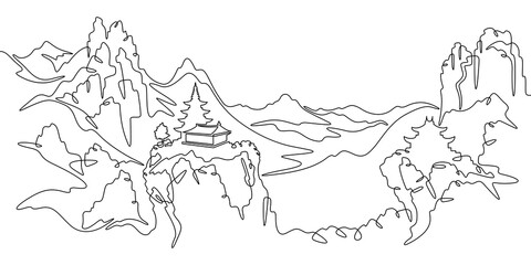 Fototapete - Continuous one line drawing temple in the mountains. Church on a rocky cliff. Religious building against the backdrop of nature. One continuous line isolated minimal illustration.Not AI.