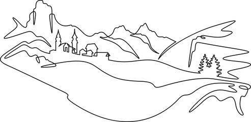 Fototapete - Continuous one line drawing temple in the mountains. Church on a rocky cliff. Religious building against the backdrop of nature. One continuous line isolated minimal illustration.Not AI.