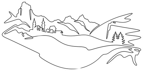 Fototapete - Continuous one line drawing temple in the mountains. Church on a rocky cliff. Religious building against the backdrop of nature. One continuous line isolated minimal illustration.Not AI.