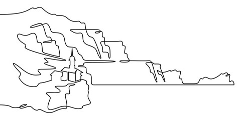 Fototapete - Continuous one line drawing temple in the mountains. Church on a rocky cliff. Religious building against the backdrop of nature. One continuous line isolated minimal illustration.Not AI.