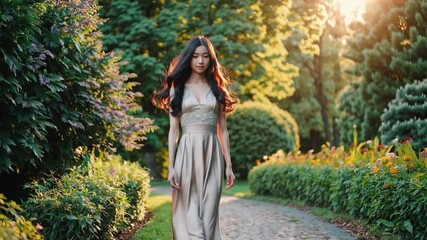 Poster - Elegant woman long dress walking through sunlit park garden, graceful and serene, surrounded by lush greenery and elegant