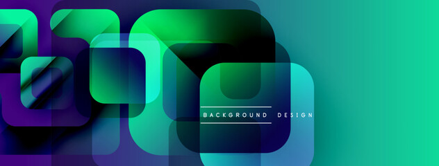 Poster - Abstract geometric shapes overlap. Vibrant blue, green hues create modern background. Design features rounded squares, rectangles.