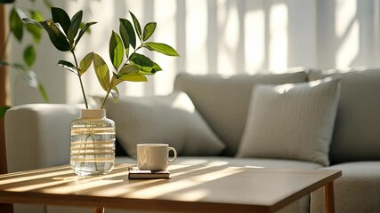 Poster - book illuminating a modern minimalist living room with Sunlight flowers in a vase and a dried on a coffee table