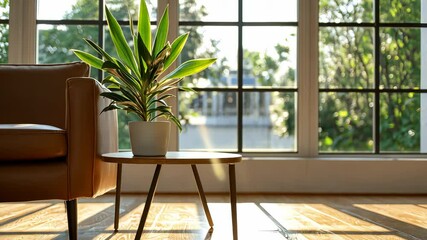 Poster - Sunlight illuminating a modern minimalist living room with dried flowers in a vase a and book on a coffee table