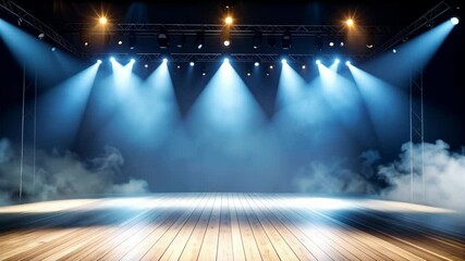 Poster - Empty stage with spotlights illuminating a wooden floor and filled with smoke, creating an atmospheric scene for theater and music performances