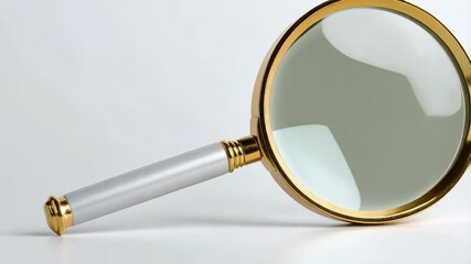 Poster - Close-up of a magnifying glass with gold rim and silver handle against white background, showing clear glass, reflection, and minimalistic studio setup.