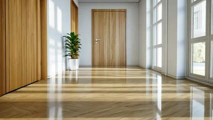 Aufkleber - Bright, minimalist workspace featuring herringbone wood flooring, expansive plants green bathing windows, in soft sunlight