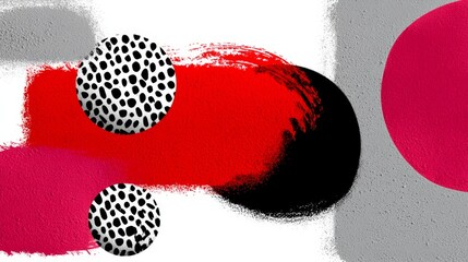 Poster - Painting with a red and black background and a white circle with a black and white pattern. The painting is abstract and has a bold, energetic feel to it