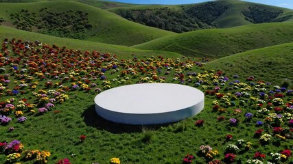 Poster - Tranquil hillside platform with colorful flowers, green grass, and rolling hills, peaceful landscape under blue or clear sky