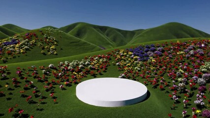 Poster - Tranquil hillside platform with vibrant flowers and green grass under blue sky, colorful outdoor nature scene with wildflowers