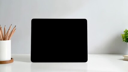 Poster - Horizontal Tablet Computer with Black Screen Display on White Desk Mockup for Business Presentation