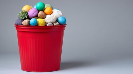 Poster - Red bucket filled with a variety of colorful balls. Concept of playfulness and creativity, as the balls are scattered in different sizes and colors