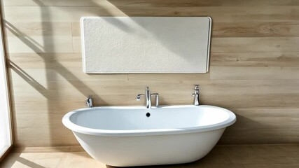 Poster - Sleek white bathtub sits on a white bath houseplant in a modern bathroom, accented by a lines and clean mat
