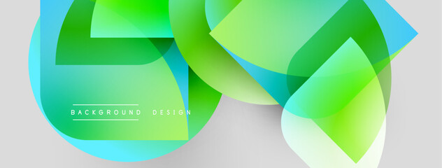 Fototapete - Abstract geometric shapes overlap, creating vibrant green, blue gradients. Background features text background design. Modern, dynamic visual composition.